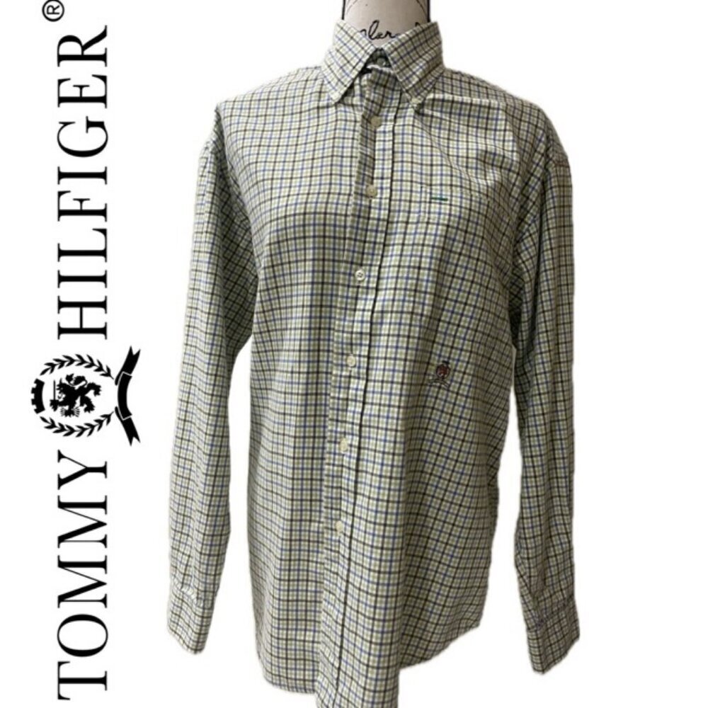 Y2K TOMMY HILFIGER BUTTON DOWN LION CREST MEN Sz S PLAID CHECKERED NORMCORE